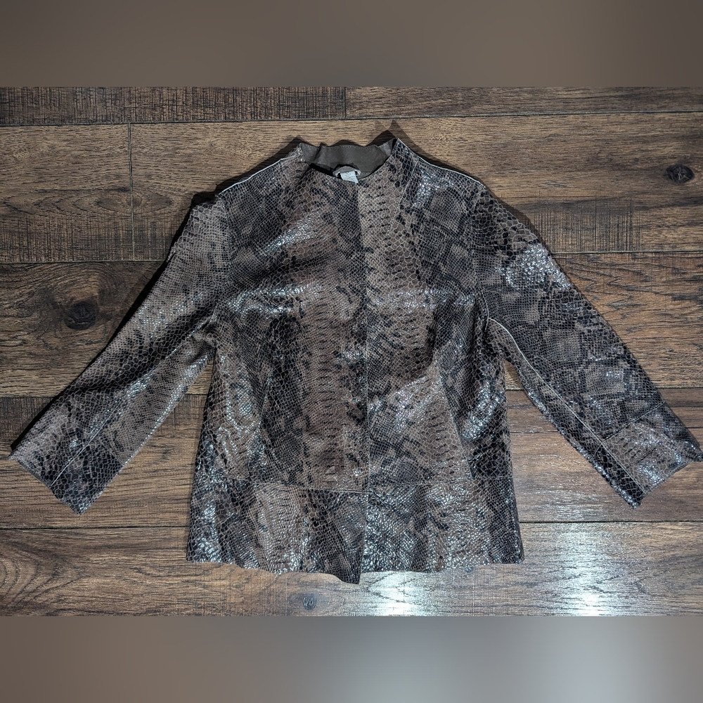 Chico's Genuine Leather Snake Skin Jacket Size 0 (Small) Snap Closure Brown Grey